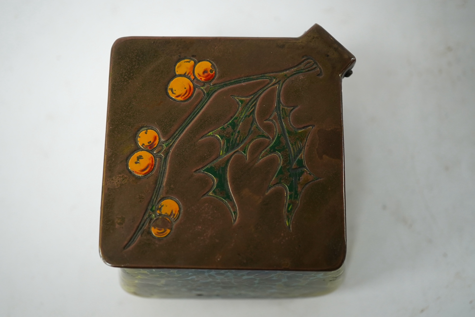 A Loetz glass and brass lidded box, 9.5cm wide. Condition - lid detached